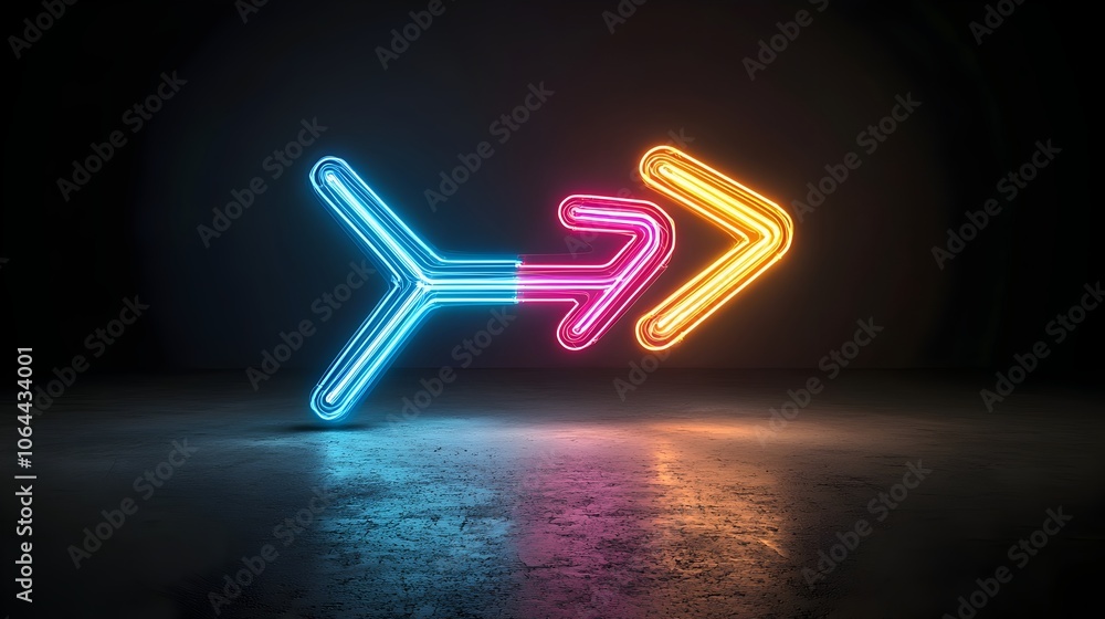 Poster Shimmering arrow made of bright glowing light beams in a dynamic vibrant color palette pointing towards a specific direction on a dark high contrast background creating an eye catching