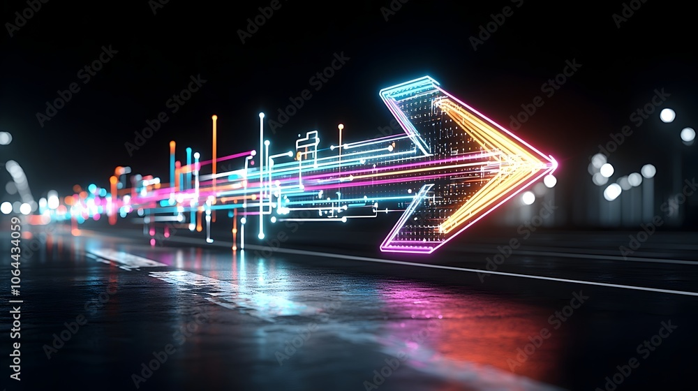 Poster Sleek and Vibrant Multicolored Luminous Arrow Beams Pointing Right and Capturing a Sense of Speed and Motion on a Captivating Black Background