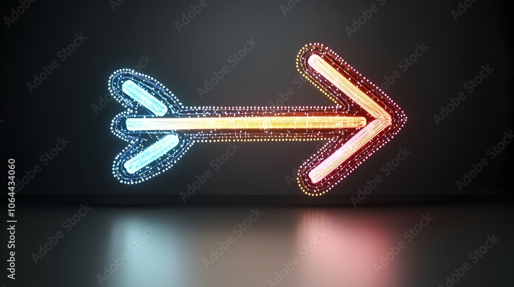 Poster Sleek luminous arrow made of vibrant multicolored light beams capturing a sense of dynamic speed and movement on a dark minimalist backdrop