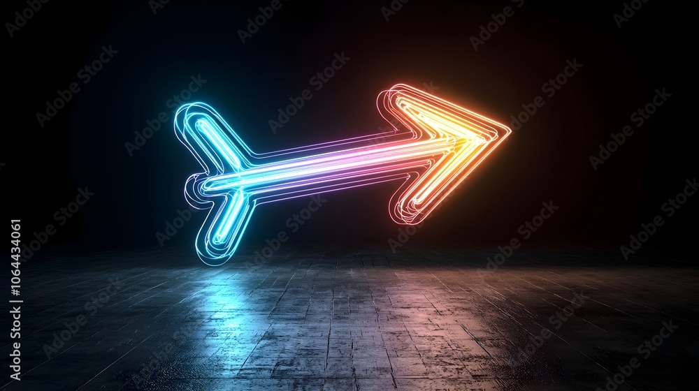 Aufkleber Bright colorful beams of light forming a fast moving arrow pointing right on a dark black background with an energetic flow and dynamic motion