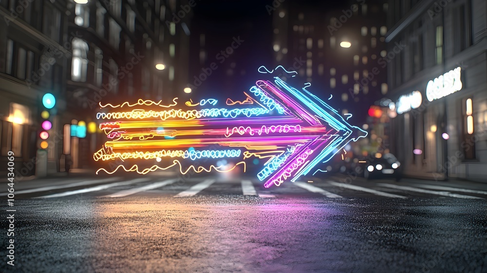 Poster Captivating abstract digital with vibrant luminous beams of light forming a fast moving energetic arrow on a dark minimalist background  The dynamic geometric design creates a powerful