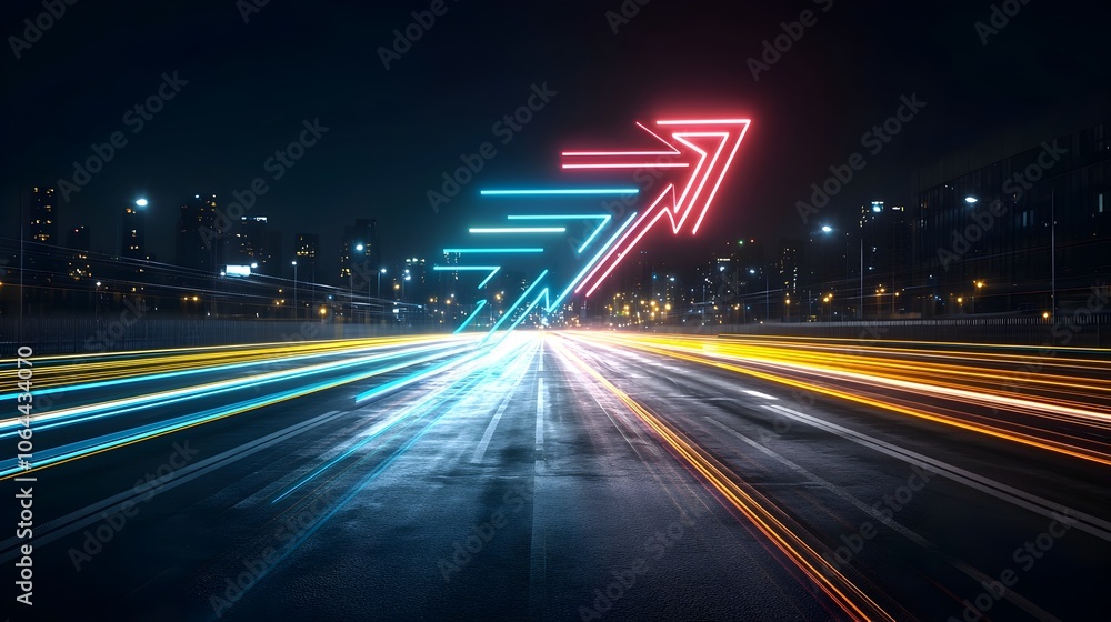 Poster Vibrant and Luminous Beams of Light Forming a Speeding Arrow Pointing Right on a Dark Black Background Conveying a Sense of Powerful Energy and Dynamic Motion
