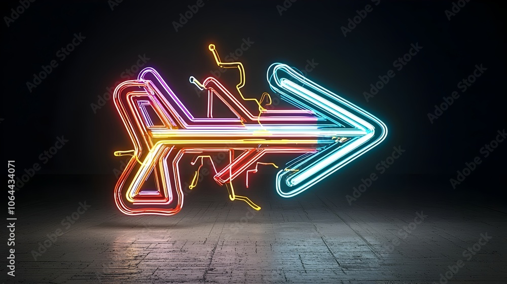 Poster Vibrant colorful beams of light forming a fast moving dynamic arrow pointing right on a dark black background creating an energetic futuristic and technologically advanced visual effect