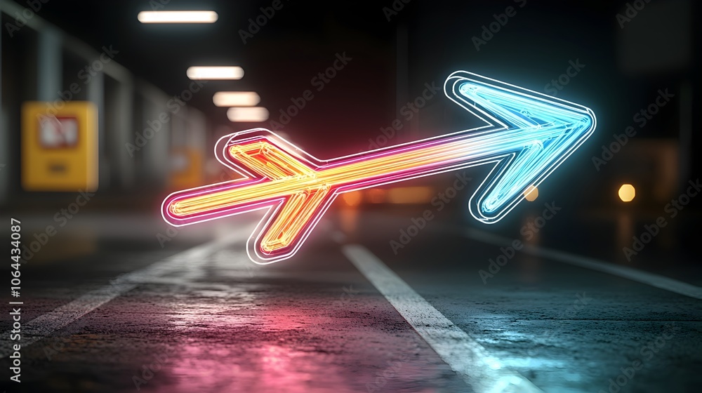 Poster Sleek luminous arrow made of vibrant multicolored light beams pointing dynamically on a black background capturing a sense of speed energy and futuristic technology