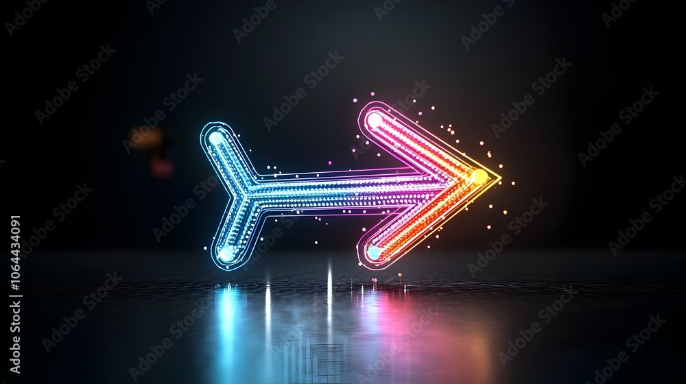 Poster Vibrant and Captivating Luminous Arrow Made of Colorful Light Beams Smoothly Pointing to the Right Conveying a Sense of Speed and Elegance Against a Contrasting Dark Background