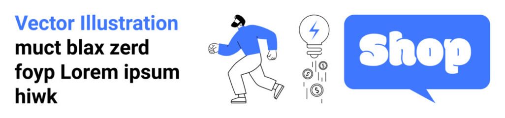 Man running towards a Shop button speech bubble with light bulb and electronic components. Ideal for e-commerce, online shopping, technology, digital marketing, business solutions. Banner for landing