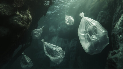 Plastic bags floating in clear water, photographed with soft lighting, creating a hauntingly beautiful environmental message