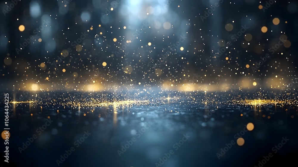 Aufkleber Enchanting dark background sprinkled with glimmering golden dust forming a mesmerizing array of shimmering bokeh lights and glowing luminous spots for a captivating otherworldly atmosphere