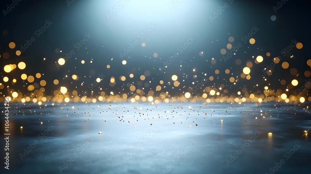 Poster soft bokeh lights and shimmering golden dust particles on a dark background evoking a magical dreamy