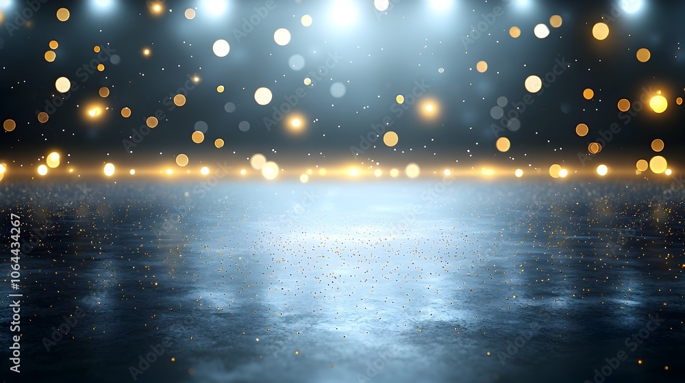 Poster enchanting dark background with glittering golden particles and delicate light spots creating a drea