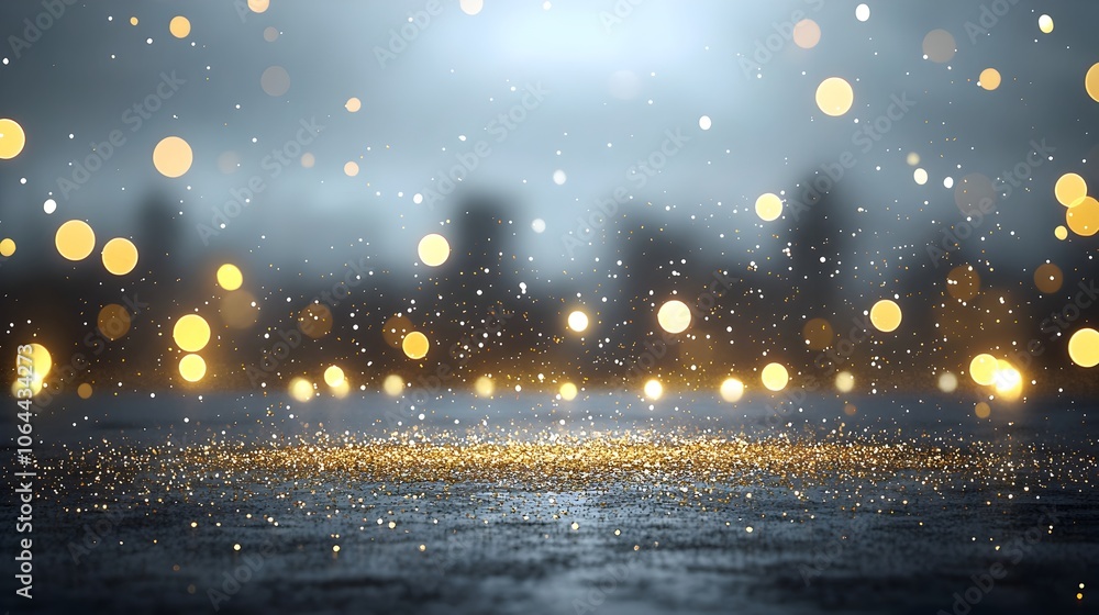 Poster enchanting dark background with glittering golden particles and light spots creating a dreamy shimme