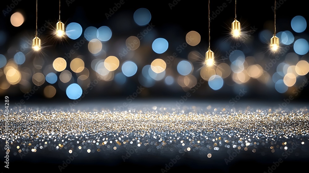 Poster captivating dark background with glittering golden particles and soft luminous light spots creating 