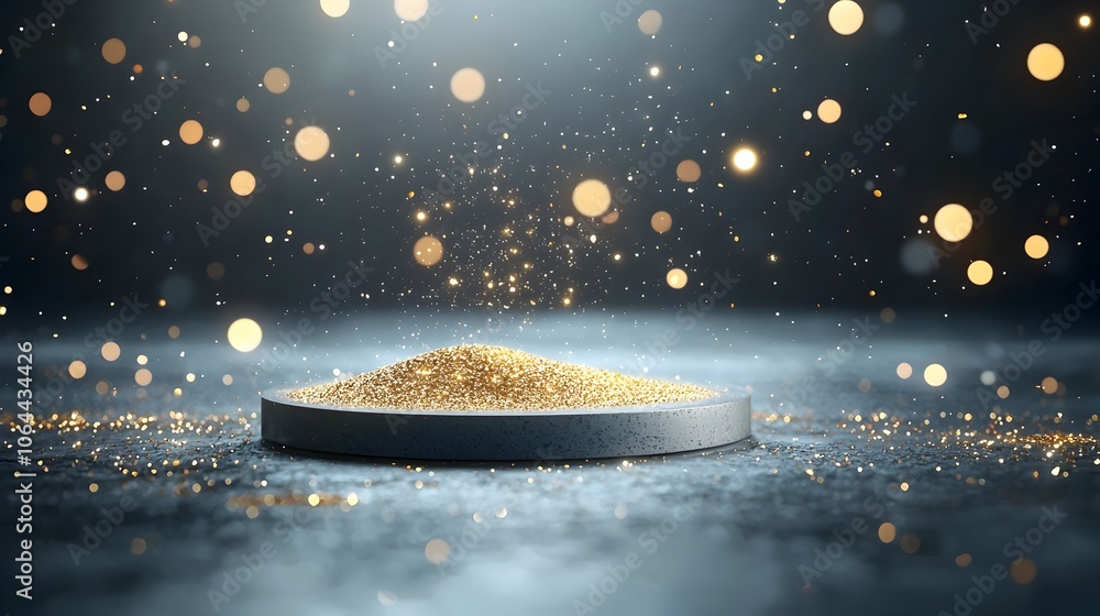 Poster floating golden dust particles create a mesmerizing and magical ambiance against a dark backdrop wit