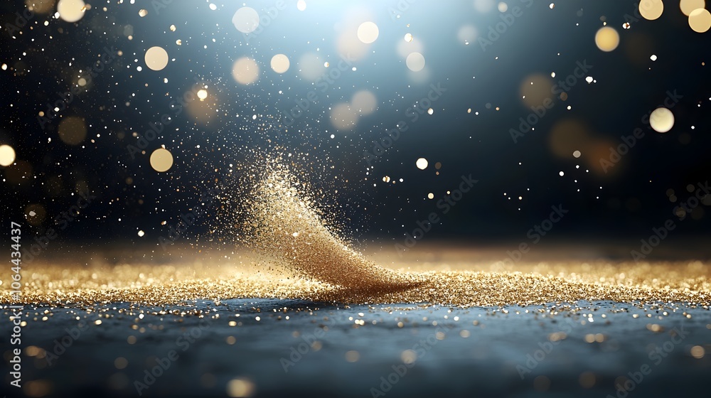 Aufkleber Enchanting Floating Golden Dust with Sparkling Bokeh Effects on Dark Backdrop for Magical Ambiance  Abstract shimmering and luminous particles create a captivating and ethereal atmosphere