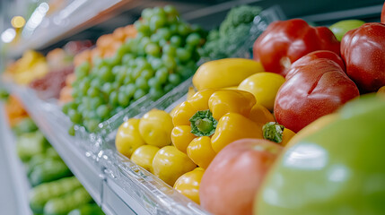 Fresh fruits and vegetables on shelf in supermarket 