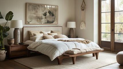 Bedroom design with a marble bed frame, wooden side tables, and plush bedding for a luxurious, serene vibe. home interior design 