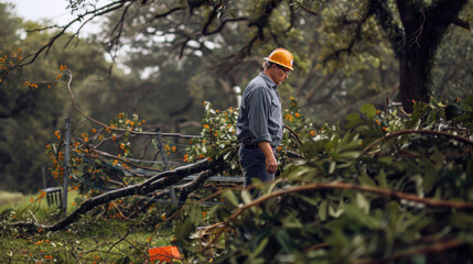 Man inspecting and clearing fallen tree branches in a park after a storm