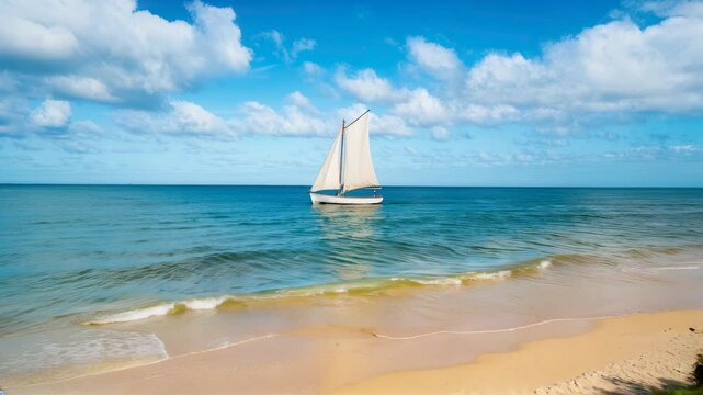 Sailboat floating in the ocean near the shore sky blue with some clouds