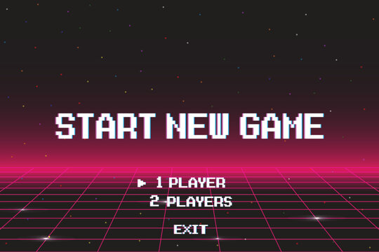 START NEW GAME. press start button .pixel art .8 bit game. retro game. for game assets in vector illustrations. Retro Futurism Sci-Fi Background. glowing neon grid. and stars from vintage arcade comp.