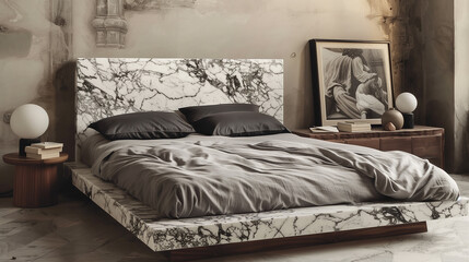 Bedroom design with a marble bed frame, wooden side tables, and plush bedding for a luxurious, serene vibe. home interior design 