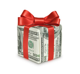 Gift box made with dollar bills, red ribbon bow