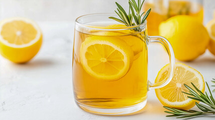 Fresh herbal tea with lemon slices and rosemary kept on table 