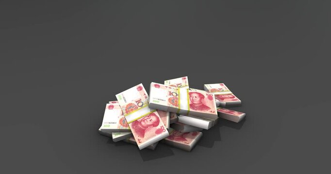 Chinese renminbi bank note Falling  droop on floor black backround, 4k animation footage 3d rendering