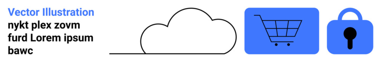 Cloud icon, shopping cart, and padlock combine to symbolize secure data storage in online transactions. Ideal for e-commerce, cybersecurity, cloud services, digital marketing, online shopping, secure