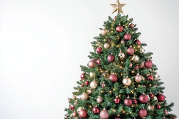 A classic Christmas tree, richly decorated with an assortment of ornaments, twinkling fairy lights, and elegant tinsel.