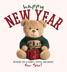 Christmas themed cute teddy bear vector illustration.Christmas Greeting Card with Santa Claus.Happy new year lettering.T-shirt Graphics.New Year Cards.Cute teddy bear graphic design with gift box.