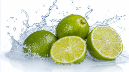Fresh limes in water splash, isolated on white background 
