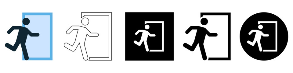 human person run trough the door, Emergency exit door, Escape help evacuation, leaving the room vector pictogram sign icon symbol ui and ux design, glyphs and stroke line	
