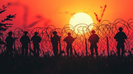 Fototapeta premium Soldiers Silhouetted Against a Sunset and Barbed Wire