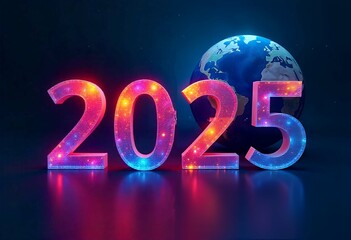 2025 New Year 3D globe  Vibrant abstract 2025 New Year digital web banner template.  globe background dark blue and gradient effects 2025, .  