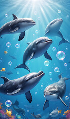 Illustration Background of Whales and Dolphins Blowing Bubbles with Happy Faces in an Ocean Setting