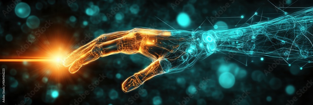 Poster the artwork shows a prosthetic arm responding to brain signals, depicted with glowing lines, symboli