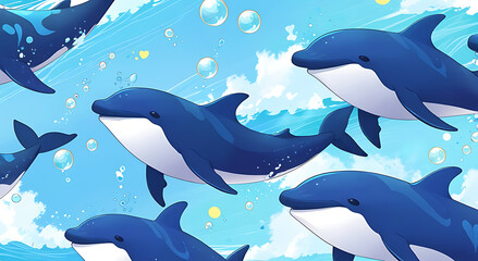 Illustration Background of Whales and Dolphins Blowing Bubbles with Happy Faces in an Ocean Setting