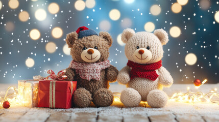 Adorable teddy bears wearing scarves, surrounded by festive lights and gifts, create warm holiday atmosphere