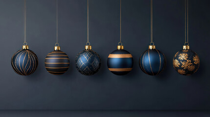 Elegant blue and gold Christmas ornaments hanging against dark background create festive atmosphere. These decorative pieces add touch of sophistication to holiday decor