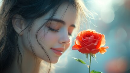 Young woman enjoying the beauty of a rose in soft light