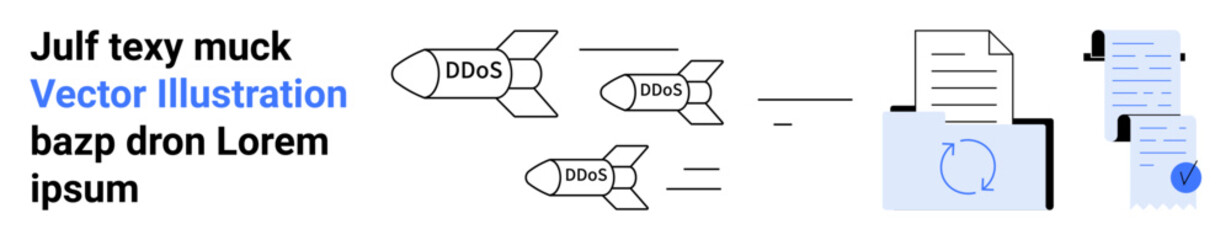 Three missiles labeled DDoS heading toward a file icon with security symbol, emphasizing cyber attack. Ideal for cybersecurity, web safety, IT, network protection, online security, data protection