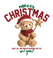 Christmas themed cute teddy bear vector illustration.Christmas Greeting Card with Santa Claus.Happy new year lettering.T-shirt Graphics.New Year Cards.Cute teddy bear graphic design wit