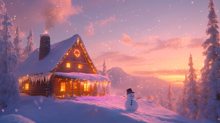 Cozy Cabin in Snowy Winter Wonderland with Snowman and Sunset