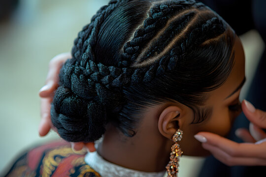 Elegant braided hairstyle for black hair featuring intricate cornrows and a stylish updo, perfect for weddings, special occasions, and protective styling with cultural beauty trends