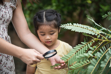 Asian woman is holding a magnifying glass and looking at a child. The scene is peaceful and educational, as the woman is teaching the child about the leaf