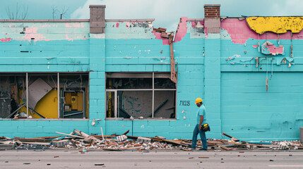 Worker walking in front of damaged commercial building, assessing structural destruction