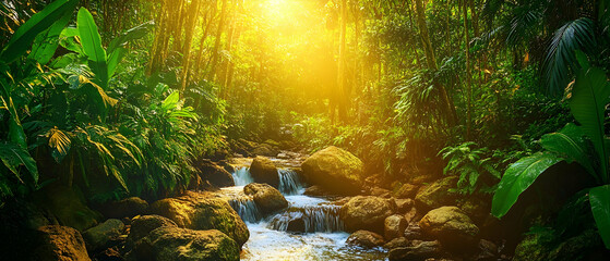 Sunlight illuminates a cascading stream in a lush jungle.