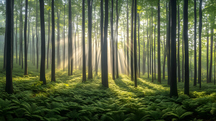Fototapeta premium Sunlight rays illuminate a misty forest with ferns covering the ground.