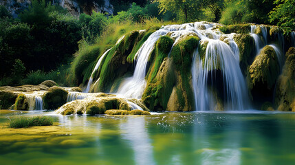 Tranquil waterfall cascading over moss-covered rocks into a serene pool of water.