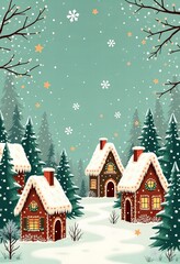 A snowy Christmas scene with three gingerbread houses nestled in a pine forest